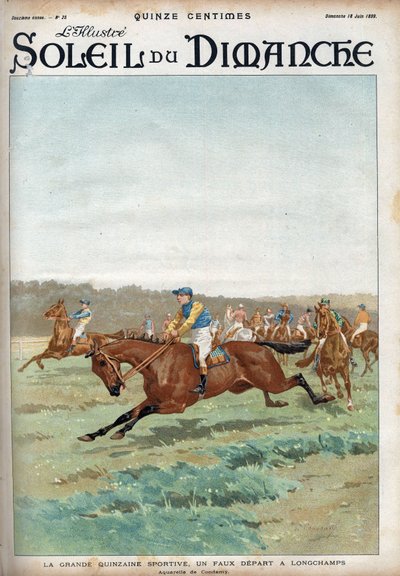 At yarışı: “” Büyük sportif forzaine: Longchamps yarış parkurunda sahte bir başlangıç””. Condamy Gravür ile Suluboya “” Le sun-du-dimanche””, 18 Haziran by Charles Fernand de (after) Condamy