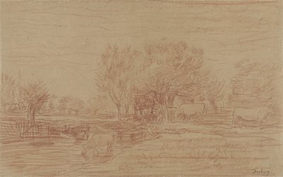 Otlayan ve içen inekler ve izleyen bir boğa ile manzara by Charles Francois Daubigny
