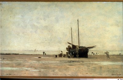""Deniz manzarası"" Gelgit sırasında kumun üzerinde bir yelkenli. Charles Francois Daubigny (1817-1878) 1868-1872 Puşkin Müzesi, Moskova by Charles Francois Daubigny