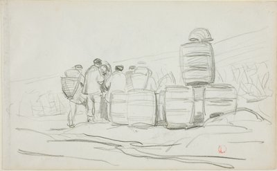 Fıçıları Olan Bir Grup İnsan Çalışması (recto); Toplayıcı Bir Kadının İki Çalışması (verso) by Charles Francois Daubigny