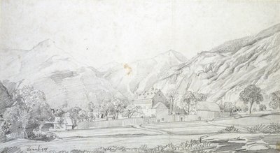 Arka Planda Dağlar Olan Duvarlı Bir Muhafazadaki Binaların Görünümü, 19. Yüzyılın ortalarında by Charles Francois Daubigny