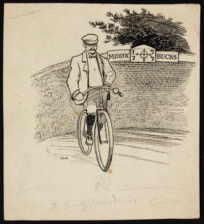 Middlesex ve Buckinghamshire arasındaki ilçe sınırını belirleyen bir tabelanın önünde bisikletli bir adam by Charles George Harper