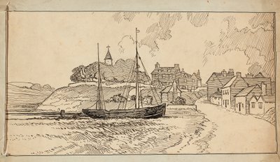 Bir köye giden bir şeritte, gelgitte sahilde bir yelkenli tekne by Charles George Harper