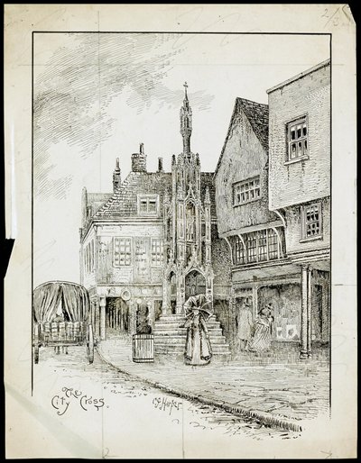 Butter Cross'un kuzey batısından bir görünüm, High Street, Winchester, Hampshire (kağıt üzerine kalem ve mürekkep) by Charles George Harper
