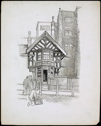 Ye Olde Rover's Return Public House, Shudehill, Manchester (kağıt üzerine kalem ve mürekkep) by Charles George Harper