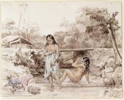 Tahitians Bathing, 1844 (kalem ve kağıt üzerinde yıkama) by Charles Giraud