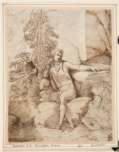 John Deare bir kayanın üzerinde bacak bacak üstüne atmış, ağaçların önünde, silindir şapkası yanında oturuyordu. by Charles Grignion