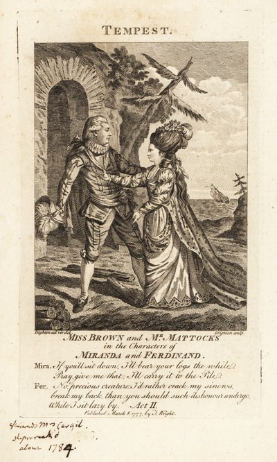 William Shakespeare'in The Tempest, Covent Garden Theatre'ının opera versiyonunda Miranda ve Ferdinand karakterlerinde Bayan Ann Brown ve Bay George Mattocks by Charles Grignion
