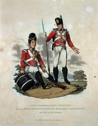 Grenadiers ve Hafif Piyade 29. veya Worcestershire Piyade Alayı'nın Evde Nöbetçi, 'Britanya İmparatorluğu Ordusu Kostümleri, 1812'deki son düzenlemelere göre', oyulmuş b by Charles Hamilton Smith