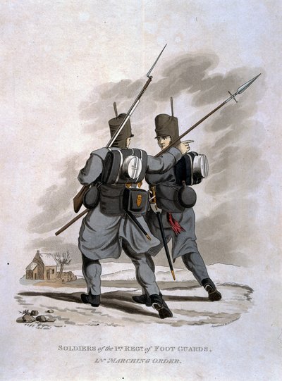 JC Stadler tarafından oyulmuş, Colnagh tarafından yayınlanan 'Britanya İmparatorluğu Ordusu Kostümleri, 1812'deki son düzenlemelere göre', Yürüyüş Düzeninde 1. Ayak Muhafızları Alayı'nın askerleri by Charles Hamilton Smith
