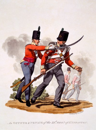 52. Bölge Subayı ve Er üniforması. Of Light Piyade, Joseph Constantine Stadler (fl.1780-1812) tarafından oyulmuş, 1812-15 (el boyaması aquatint) by Charles Hamilton Smith
