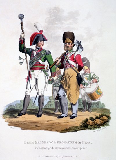 Bir Hat Alayı'nın Davul Binbaşı Üniformaları - Grenadier Company'nin Öncüsü, 'Son Düzenlemelere Göre Britanya İmparatorluğu'nun Kostümü'nden, 1815'te yayınlandı (el boyaması aquatint) by Charles Hamilton Smith