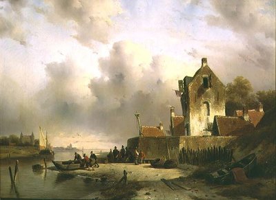 Bir rıhtım tarafından balıkçılar ile bir haliç by Charles Henri Joseph Lieckert