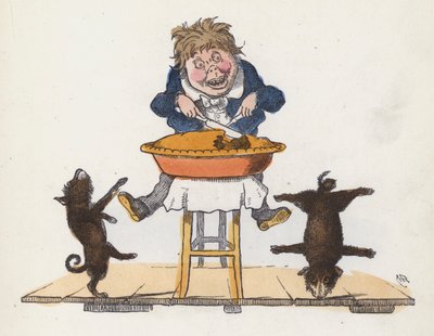 Evcil köpeği akrobatik hareketler yaparken pasta yiyen çocuk (renkli gravür) by Charles Henry (after) Bennett