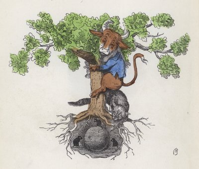 Peynir yiyen fareleri avlayan bir kedinin üzerinde bir ağaca inek (renkli gravür) by Charles Henry (after) Bennett