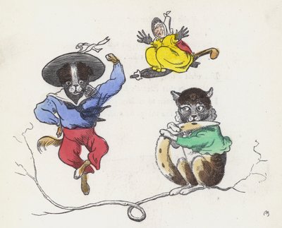 Dame Trottypeg ve evcil kedisi ve köpeği (renkli gravür) by Charles Henry (after) Bennett