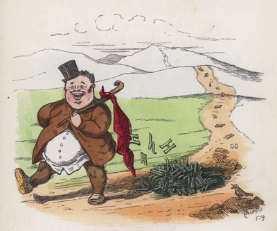 Şişman adam bir yol boyunca ataşlarını bırakarak yürüyor (renkli gravür) by Charles Henry (after) Bennett