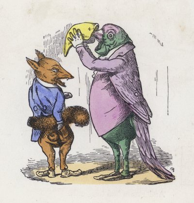 Tilki kuyruğunu manşon için kullanıyor ve papağan enfiye alıyor (renkli gravür) by Charles Henry (after) Bennett