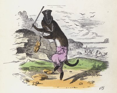 Fransız gelincik keman çalıyor ve dans ediyor (renkli gravür) by Charles Henry (after) Bennett