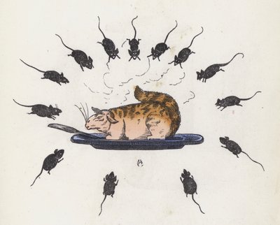 Aç farelerle çevrili bir tabakta obur kedi (renkli gravür) by Charles Henry (after) Bennett