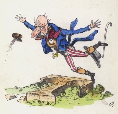 T harfine benzeyen bir kayaya takılan yaşlı adam (renkli gravür) by Charles Henry (after) Bennett