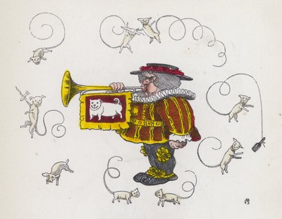 Trompet üfleyen kasaba tellalı, etrafı kıvırcık kuyruklu köpeklerle çevrili (renkli gravür) by Charles Henry (after) Bennett