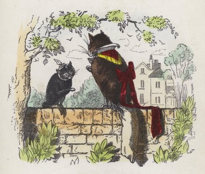 Bir bahçe duvarında iki kedi (renkli gravür) by Charles Henry (after) Bennett