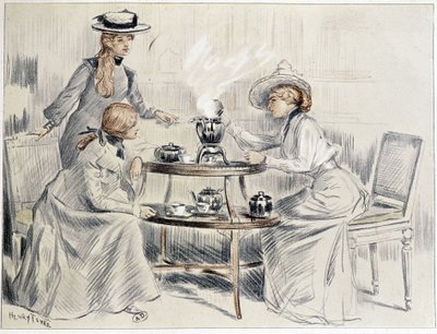 Küçük bir semaverin etrafında çay içen bayanlar - çizim Henri Tenré, ca. 1910 by Charles Henry Tenre