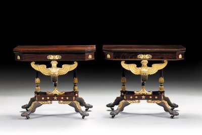 İki klasik oymalı kart masası, c.1815 (koli yaldızlı gül ağacı) by Charles Honore Lannuier