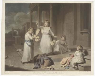 Çocuklar bir trajedi oynuyor Çocukların Trajedisini Saçmalaması (nesne üzerindeki başlık) by Charles Howard Hodges