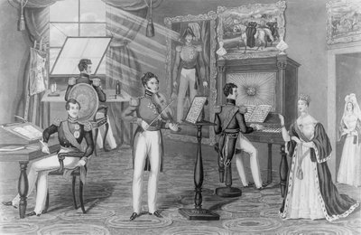 Windsor Mucizesi: Sanatçı, Şair, Kemancı, Burada Görüyoruz ve Her Şey Tweedle-dum ve Tweedle-dee, c.1841 (litho) (bw photo) by Charles Hunt