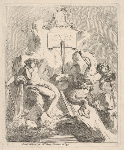 Solda oturan bir perisi ve ağzına bir deniz kabuğu tutan tritonlu bir çeşme tasarımı ..., 1768. by Charles Hutin