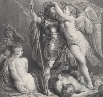 Başına bir defne çelengi yerleştiren Zafer tarafından taçlandırılmış kahraman, Venüs ve Aşk Tanrısı..., ca. 1735-61. by Charles Hutin