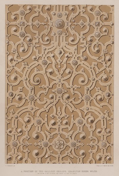 Galeri tavanının bir kısmı, Charlton House, Wilts, tavan 17 fit genişliğinde ve yaklaşık 115 fit uzunluğunda (renkli litho) by Charles James Richardson