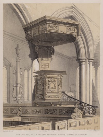 Minber, All Hallows Barking Kilisesi, Tower Street, Londra (renkli taş) by Charles James Richardson