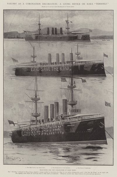 Bir Taç Giyme Dekorasyonu Olarak Denizciler, HMS Korkunç Üzerinde Yaşayan Bir Cihaz by Charles John de Lacy