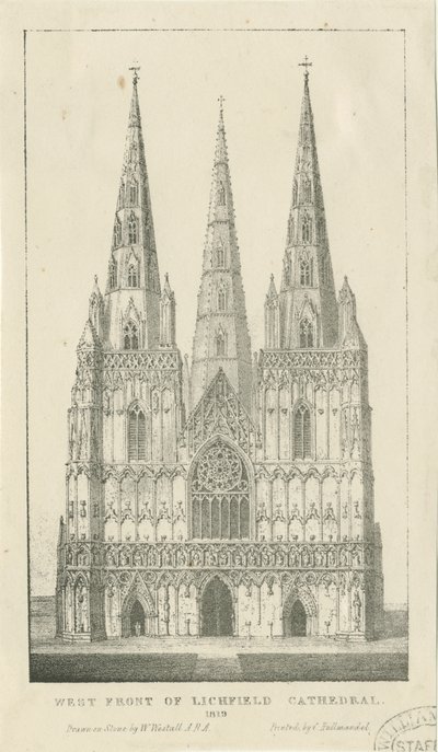 Lichfield Katedrali - Batı Cephesi: gravür by Charles Joseph Hullmandel