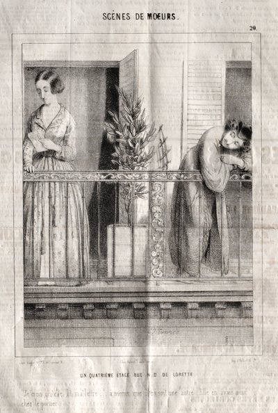 Görgü sahneleri: Dördüncü kat rue ND de Lorette. Sanırım mektubumu okuyor...başka bir mektup değilse. Kapıcıda dokuz tane vardı by Charles Joseph Traviès de Villers