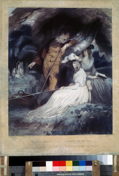 "La partie de peche" (Balıkçılık partisi) Pazar giysileri içinde olta tutan genç burjuva. Charles Knight (1743-1826) tarafından litografi Puşkin Müzesi, Moskova by Charles Knight