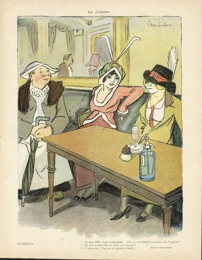 Chas-Laborde (1886-1941) çizimi, Le Smile, no 9, 27/02/13 - İş - Restoran Kafeler, Moda, Şapka - Aşk Tanrısı, Hırs - Kadınlar by Charles Laborde