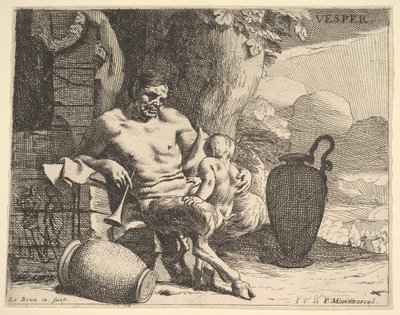 Akşam: oturan bir satir çocuğunu yakalar, bir figür bir çelenk asar bir rıhtım ötesinde, f..., yakl. 1640. by Charles Le Brun