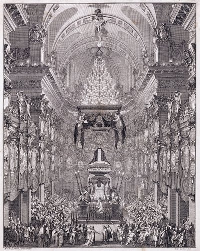 Oratoire du Louvre Mozolesi, Rue Saint-Honore, Fransız devlet adamı Pierre Seguier anısına, Mayıs 1672, c.1770-1780 (gravür) by Charles Le Brun
