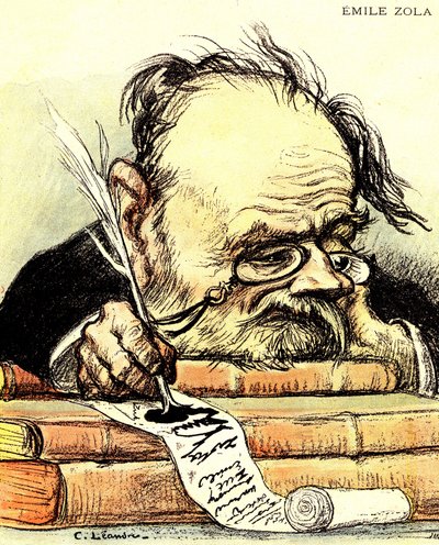 Emile Zola'nın (1840-1902) yazdığı karikatür, görünürde ilhamdan yoksun - "The Rire"da Charles Leandre'nin çizimi by Charles Leandre