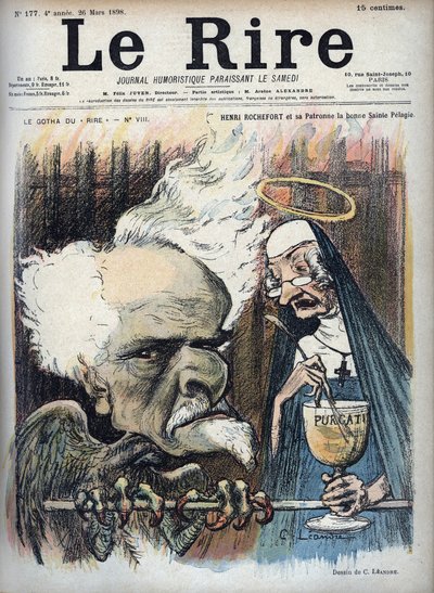 Henri Rochefort ve koruyucu azizi iyi aziz Pelagie (Prison de la Sainte-Pelagie) - Charles Leandre (1862-1934) tarafından 26 Mart 1898 tarihli “Le Rire”de karikatür by Charles Leandre