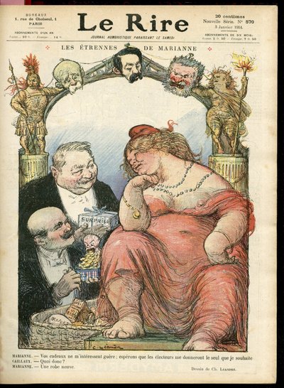 Le Rire Kapağı için Charles Leandre (1862-1934) çizimi, 01/03/14 - Les strennes de Marianne - Tribun - Clemenceau George, Jaures Jean, Briand Aristide, Marianne, Caillaux Joseph (1863-1944) by Charles Leandre