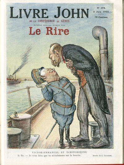 Le Rire Kapağı için Charles Leandre (1862-1934) çizimi, 03/06/22 - İtalya, SSCB - Victor Emmanuel 1er, Gueorgui Titcherine (1872-1936) by Charles Leandre