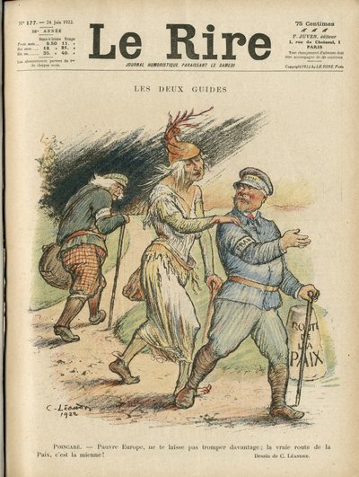 Le Rire Kapağı için Charles Leandre (1862-1934) çizimi, 24/06/22 - İki rehber - İngiltere Büyük Britanya, Avrupa, Cumhurbaşkanı, Barış, Chapeau - Poinsare Raymond, David Lloyd George (1863- 1945) by Charles Leandre