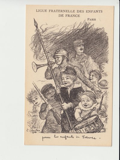 Kartpostal, Siyah Beyaz Hiciv: Fransa Çocuklarının Kardeş Birliği - 14-18 Savaşı, Müzik, Çocukluk, Fransa Çocuklarının Kardeş Birliği - Askerler İllüstrasyonu Charles Leandre (1862-1934) by Charles Leandre