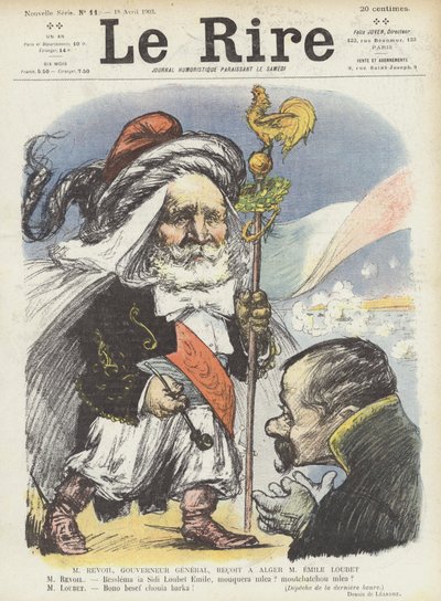 Fransa Cumhurbaşkanı Loubet, Cezayir Genel Valisi Paul Revoil tarafından kabul edildi. Le Rire için İllüstrasyon by Charles Leandre