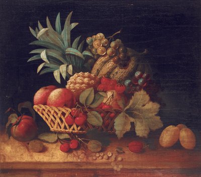 Hasır sepet içinde üzüm, erik, kiraz, şeftali, elma, ananas ve kavun by Charles Lewis